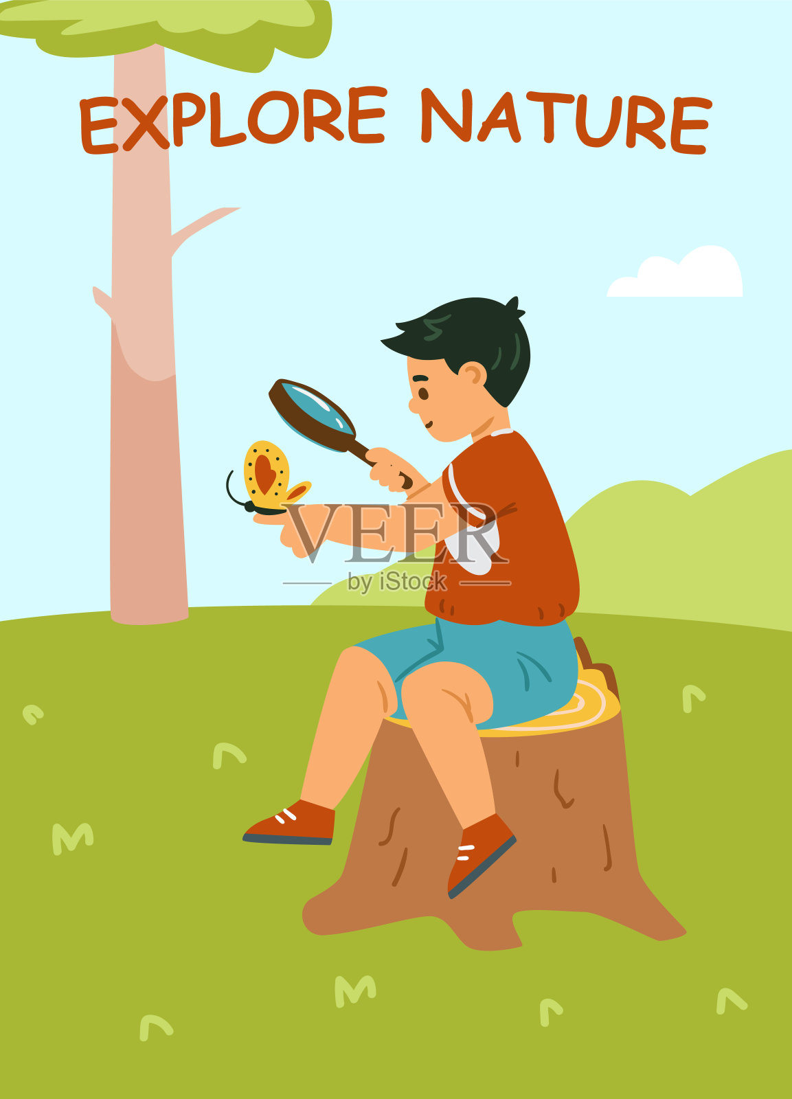 小男孩在夏令营透过放大镜看蝴蝶，矢量插图。插画图片素材