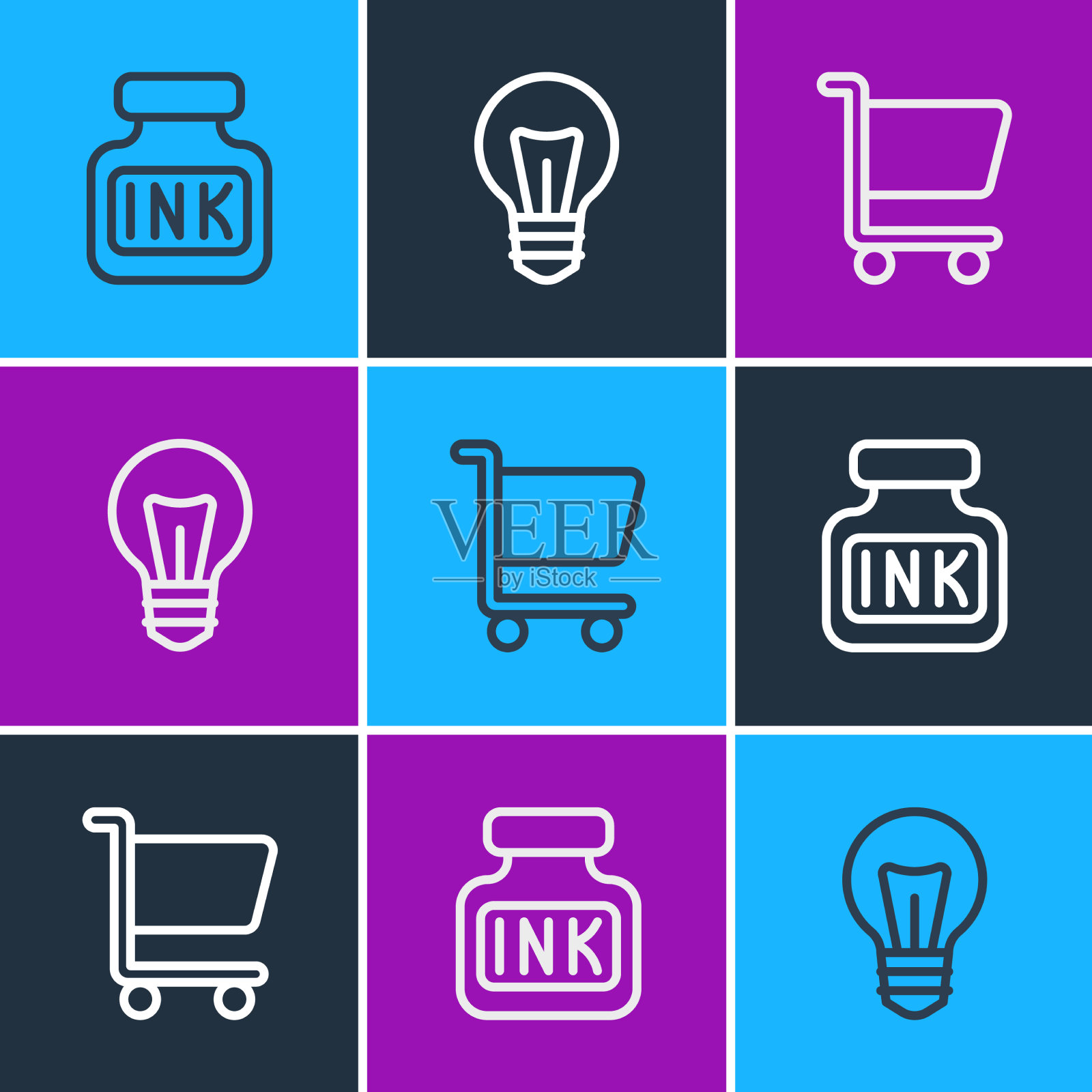 设置线墨水池购物车和灯泡图标素材