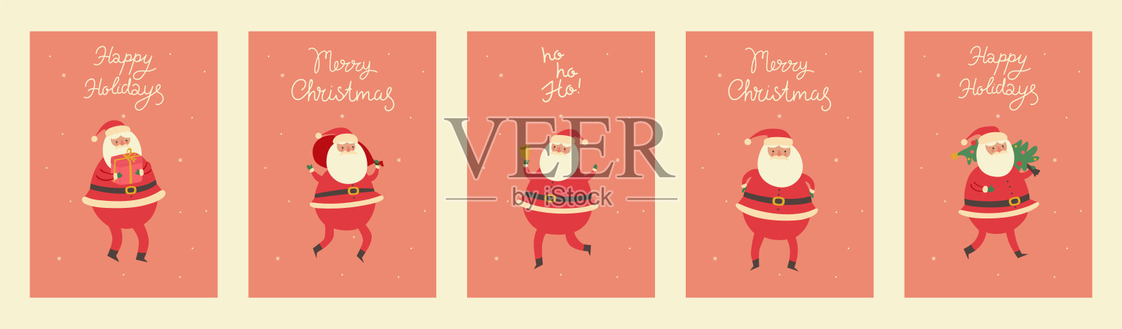 套圣诞卡与可爱的圣诞老人。矢量图形。设计模板素材