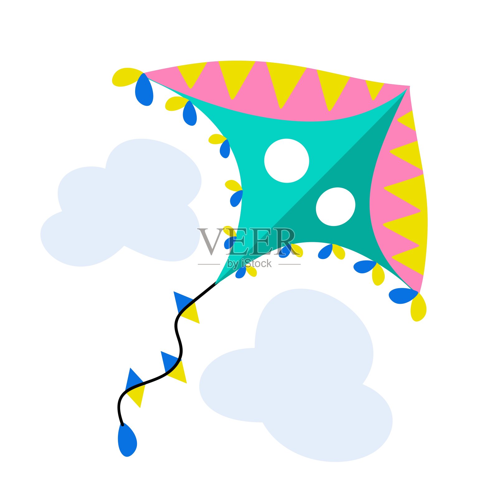 五颜六色的风筝在白色孤立的背景与云。矢量插图。插画图片素材