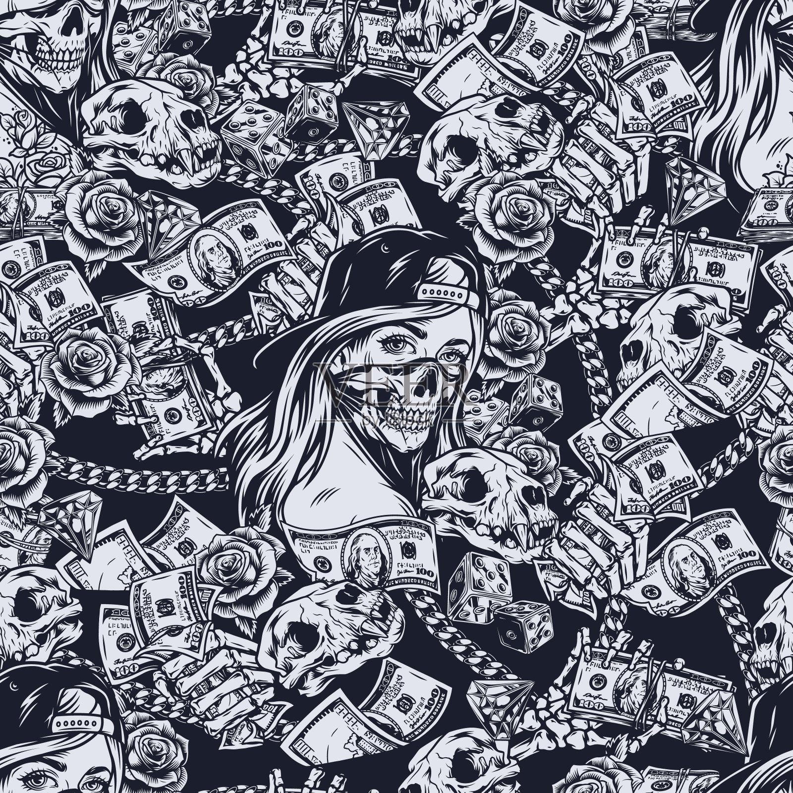 复古单色无缝图案插画图片素材