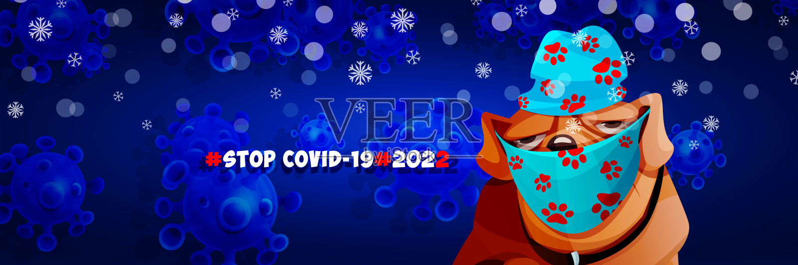 新年快乐，圣诞快乐！停止新冠疫情！戴防护口罩的圣诞斗牛犬，节日创意贺卡或宣传单插画图片素材