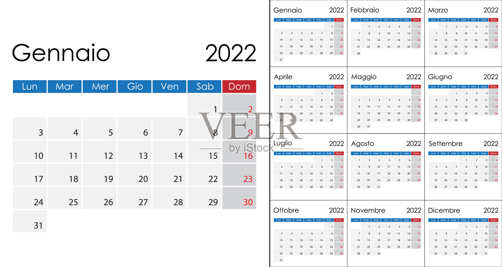 简单日历2022的意大利语，周一开始一周。设计模板素材