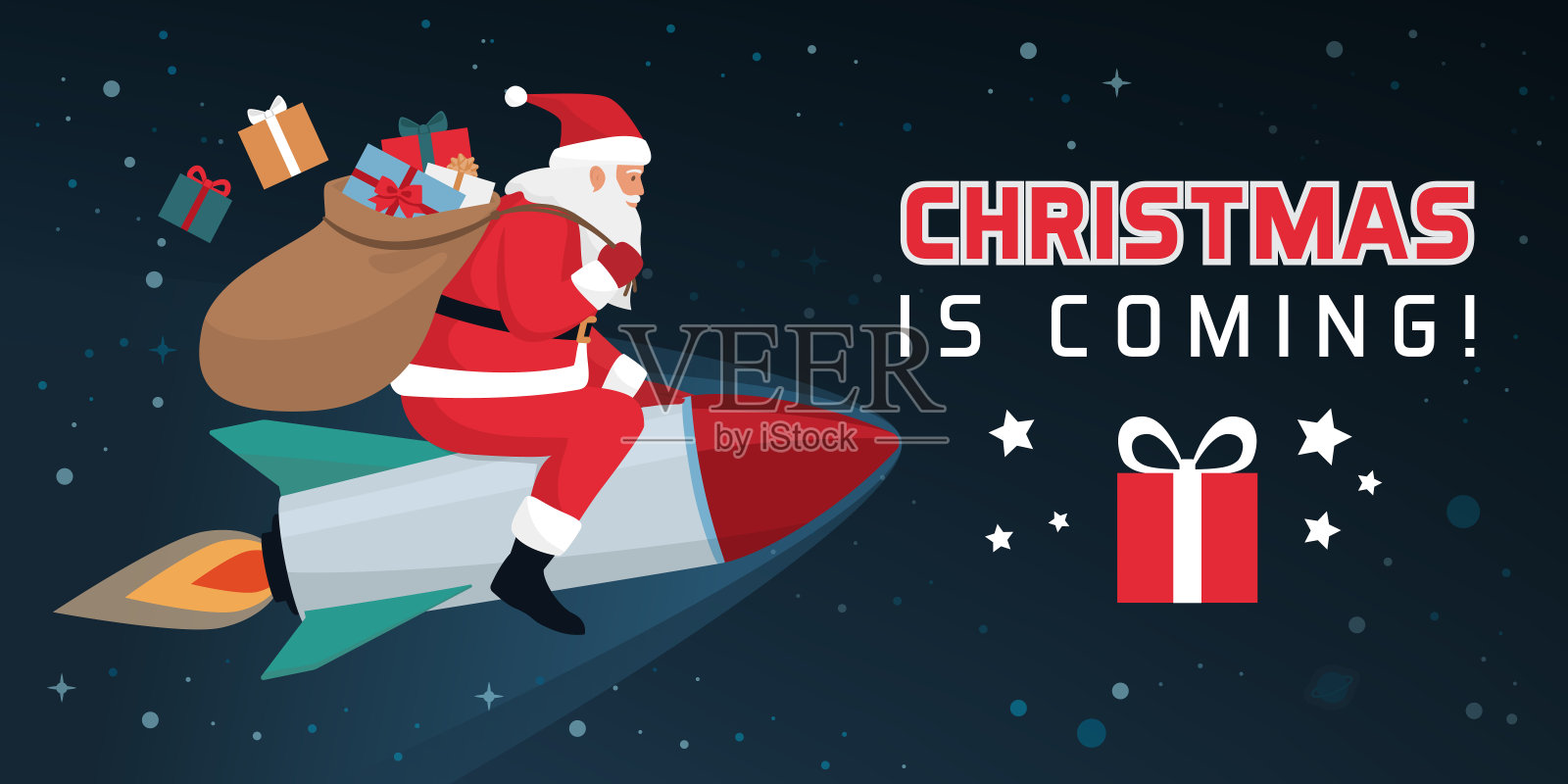 圣诞老人坐着火箭，带着圣诞礼物插画图片素材