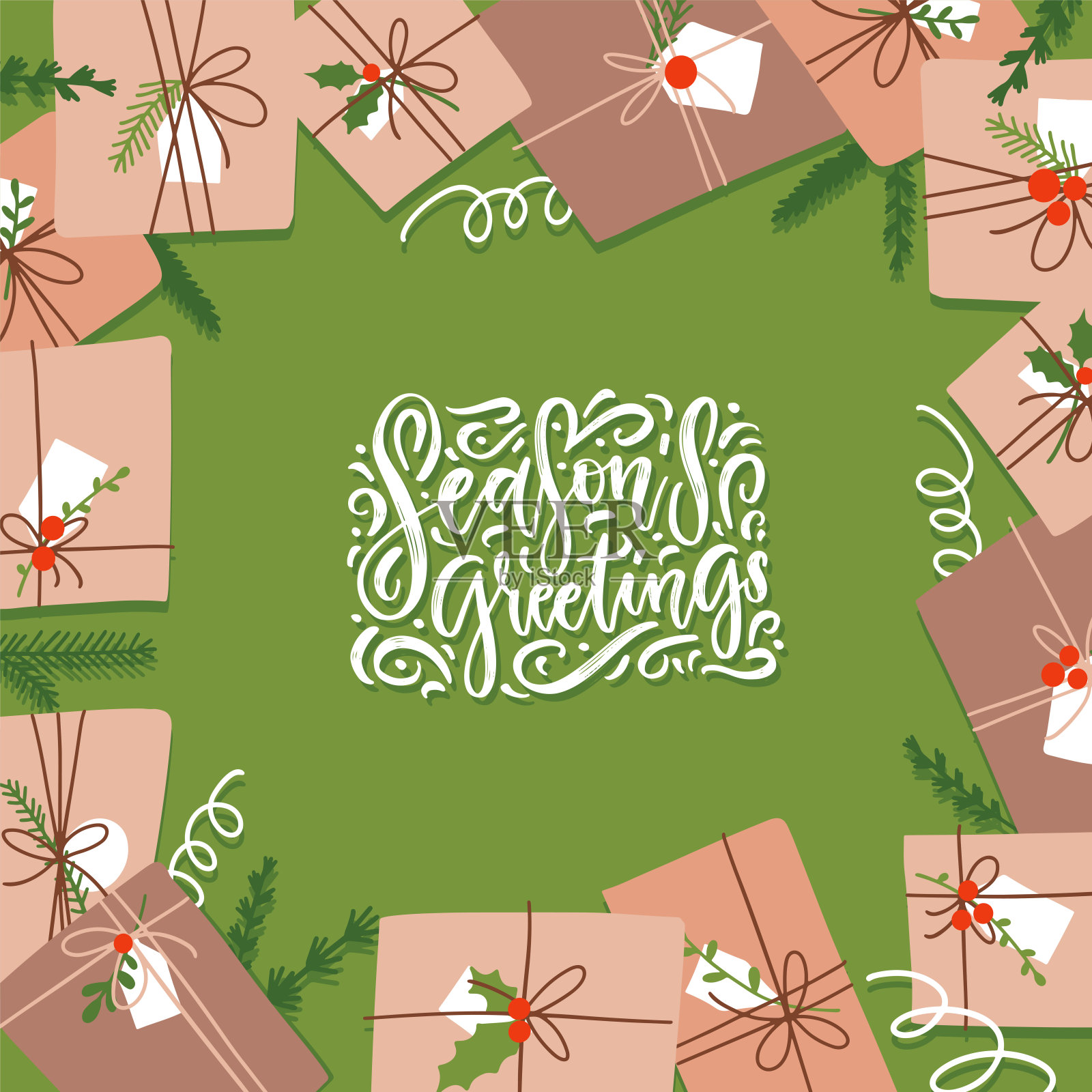 圣诞贺卡模板与礼品盒包装在牛皮纸和杉木树枝。节日横幅为媒体，传单和生态促销设计。文字引用-节日问候。平面向量设计模板素材