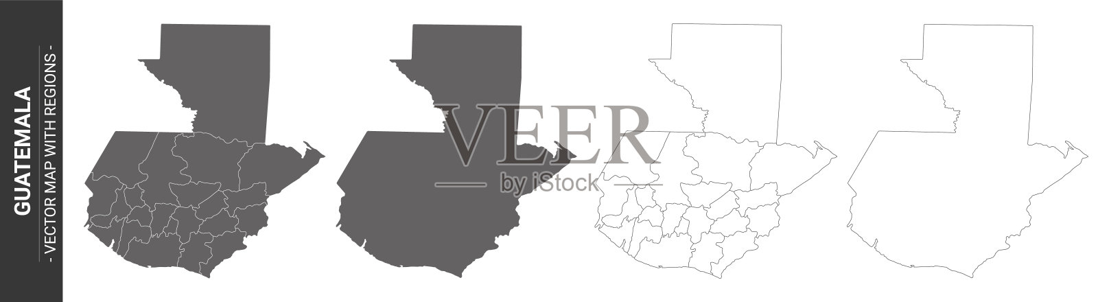 一套四幅危地马拉政治地图，白色背景上的地区被孤立插画图片素材