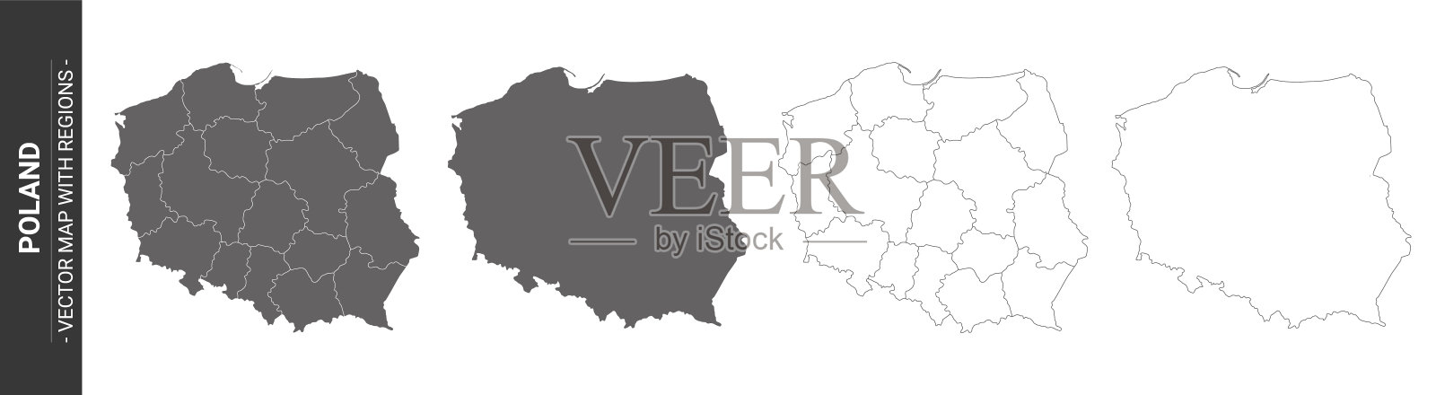 一套四幅波兰政治地图，白色背景上的地区是孤立的插画图片素材
