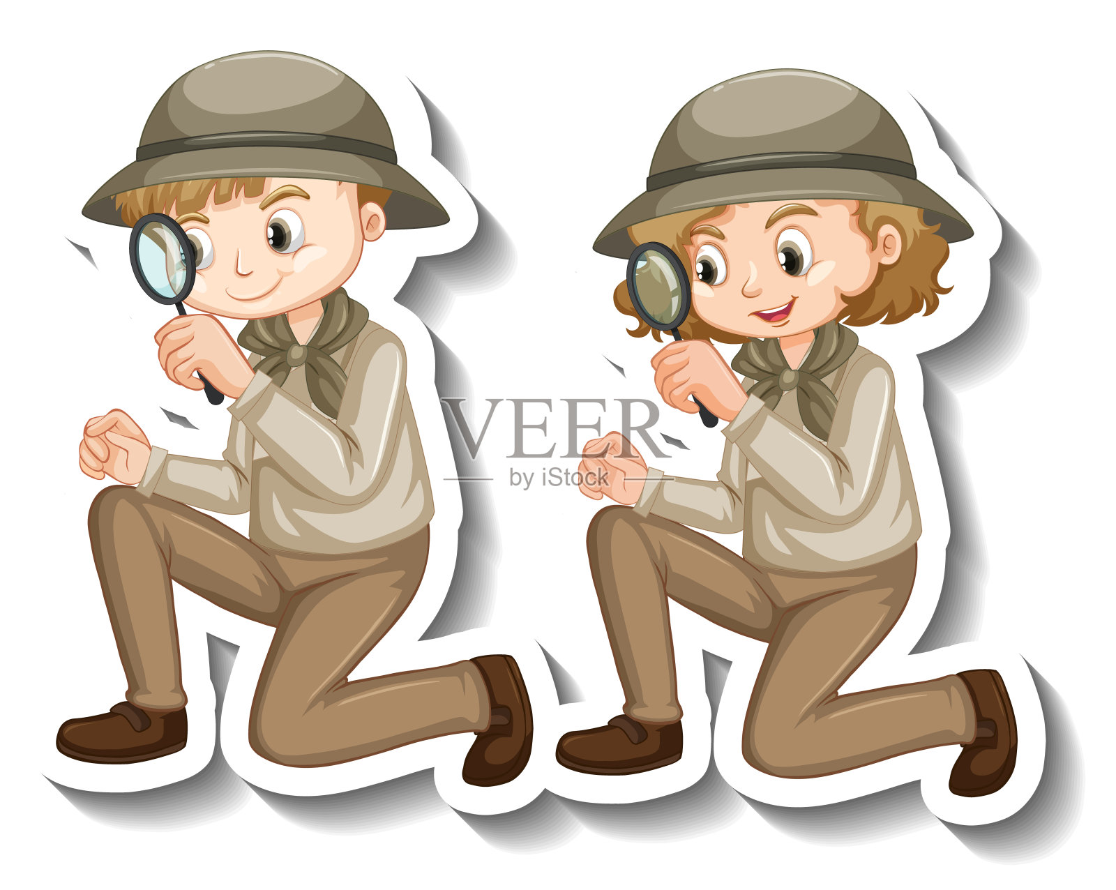 几个孩子穿着狩猎装卡通人物贴纸插画图片素材