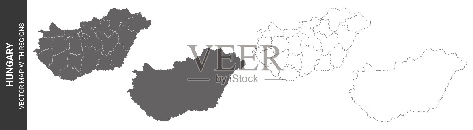 4幅匈牙利的政治地图，白色背景上的区域是孤立的插画图片素材