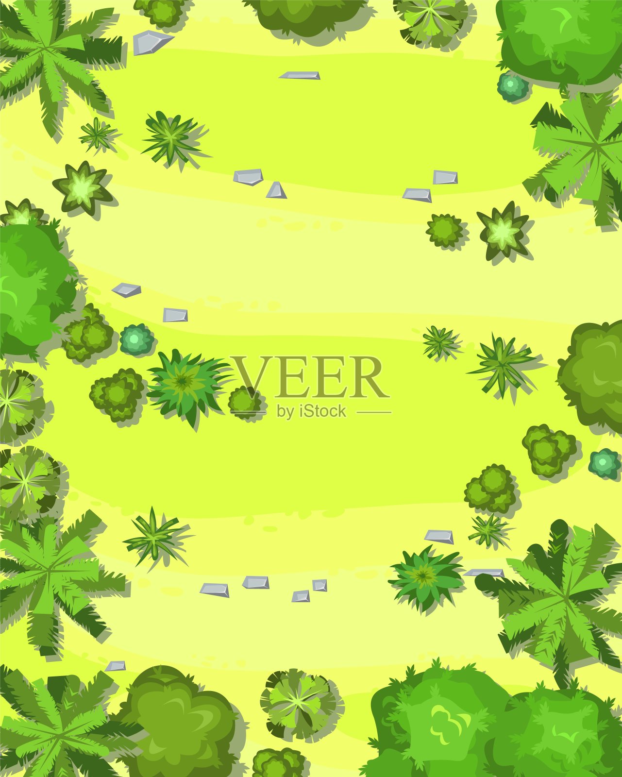 森林中多山的草坪。从以上观点。农村的乡村景观。树木和灌木的绿色叶子。前视图。背景插图卡通风格。向量插画图片素材