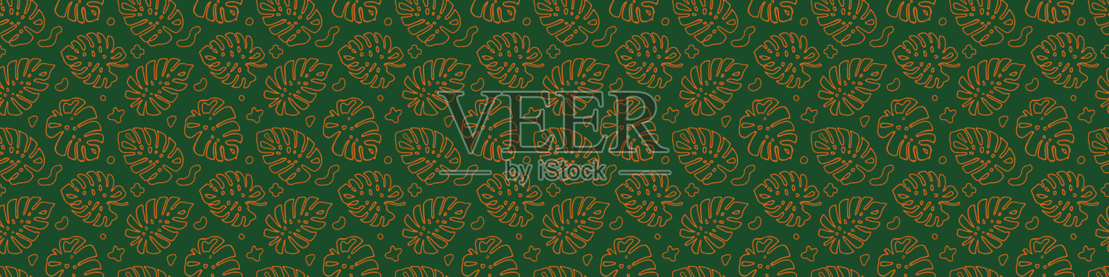 怪兽图案的涂鸦，涂鸦风格。热带无缝模式。明亮的叶子呈橙色和绿色。为网页，博客的横向背景。印刷织物，包装礼物，网横幅，海报插画图片素材