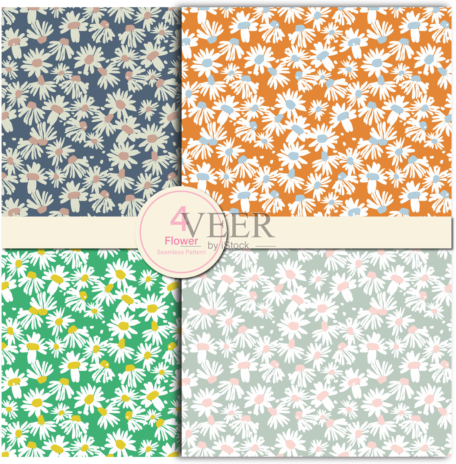 矢量手绘抽象复古色彩野花插图无缝重复图案4色方法集合集合捆绑数字艺术品时尚织物家居装饰印花纺织品插画图片素材