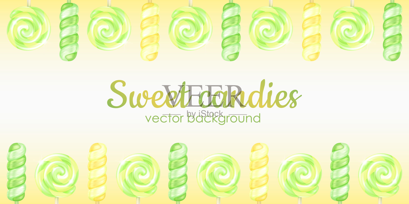 节日矢量现实条纹漩涡棒棒糖背景与复制空间。三维螺旋和圆形的黄色和绿色光滑的糖果棒在一个梯度背景插画图片素材