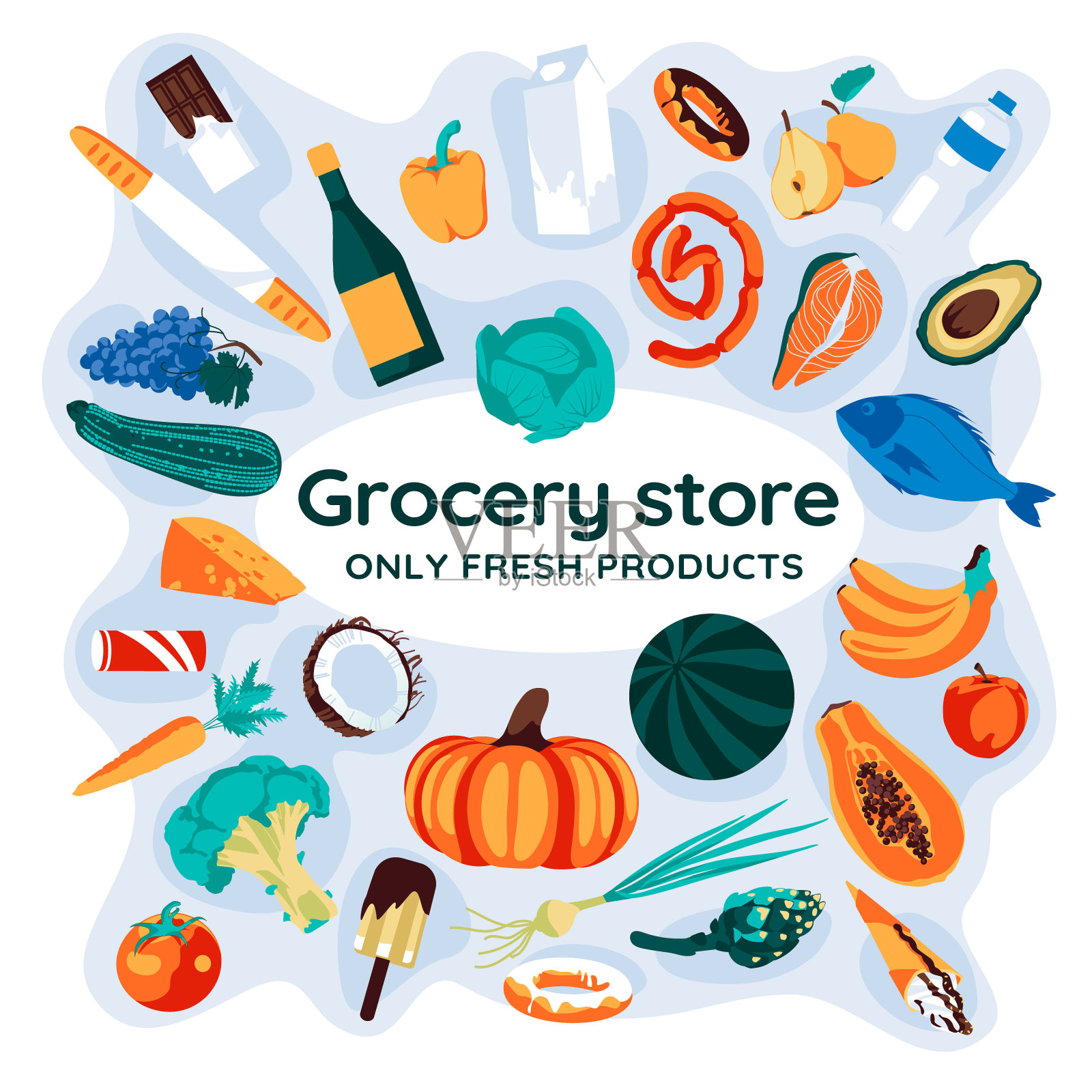 传单和杂货。采购产品杂货店，购物，超市，新鲜食品，送货上门，订购，销售概念。平面矢量插图的海报，横幅，传单，广告，促销，商业。插画图片素材