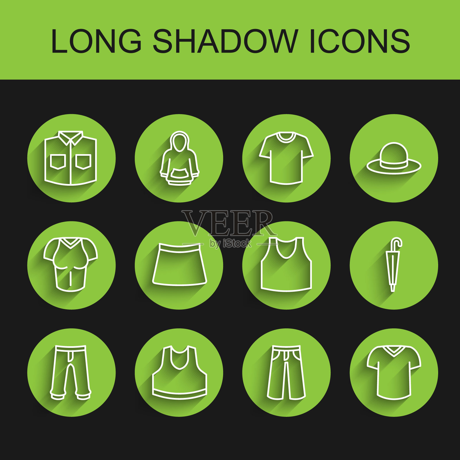 集合线裤子，汗衫，衬衫，t恤，裙子，伞和图标。向量插画图片素材