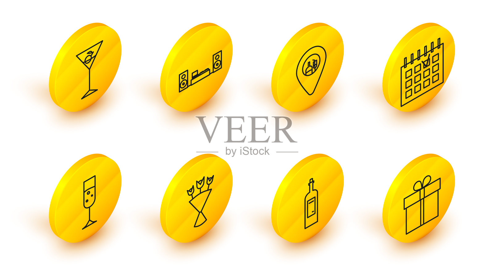 礼品盒，一瓶葡萄酒，花束鲜花，玻璃香槟，详细日历，酒精或啤酒酒吧位置，家庭音响与两个扬声器和马提尼玻璃图标。向量图标素材