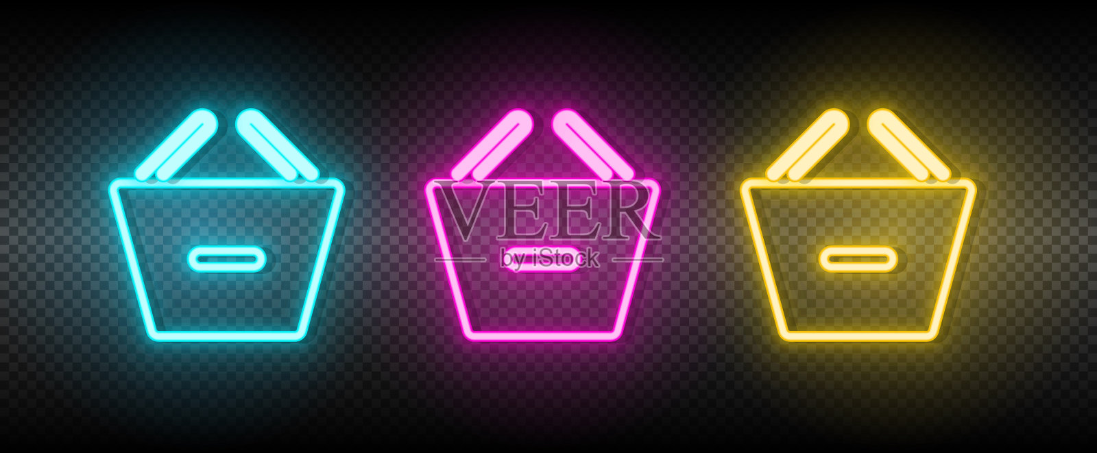 篮子，删除，购物霓虹灯矢量图标。插图霓虹蓝，黄，红图标集。插画图片素材