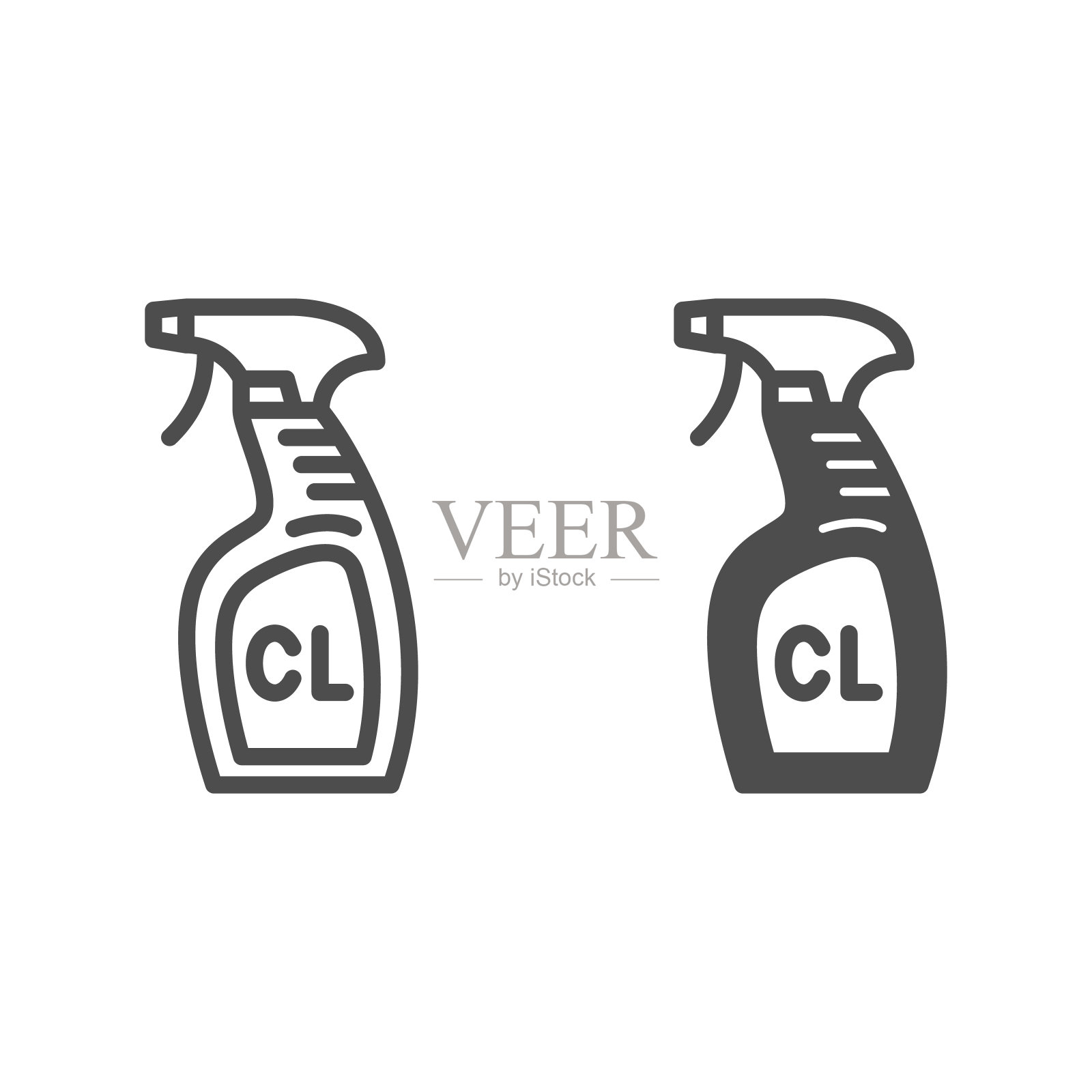 清洁喷雾CL瓶，粉碎机线和固体图标，清洁概念，洗涤剂矢量标志在白色背景上，轮廓风格图标的移动概念和网页设计。矢量图形。图标素材