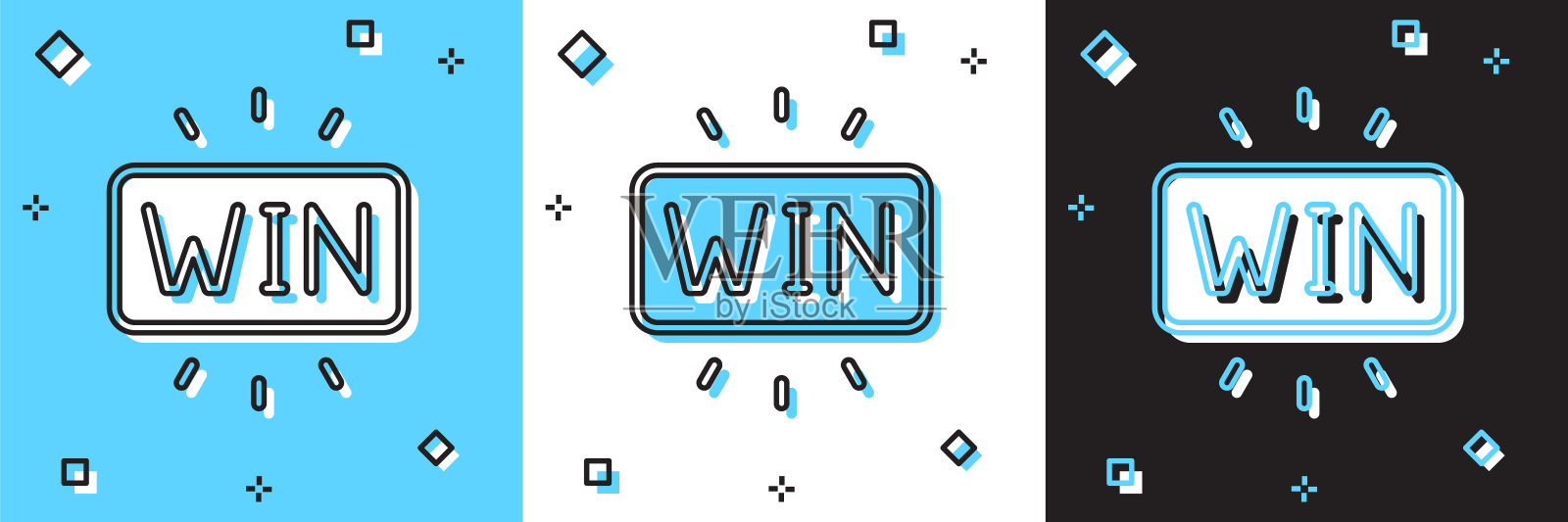 设置赌场赢图标孤立在蓝色和白色，黑色的背景。向量插画图片素材