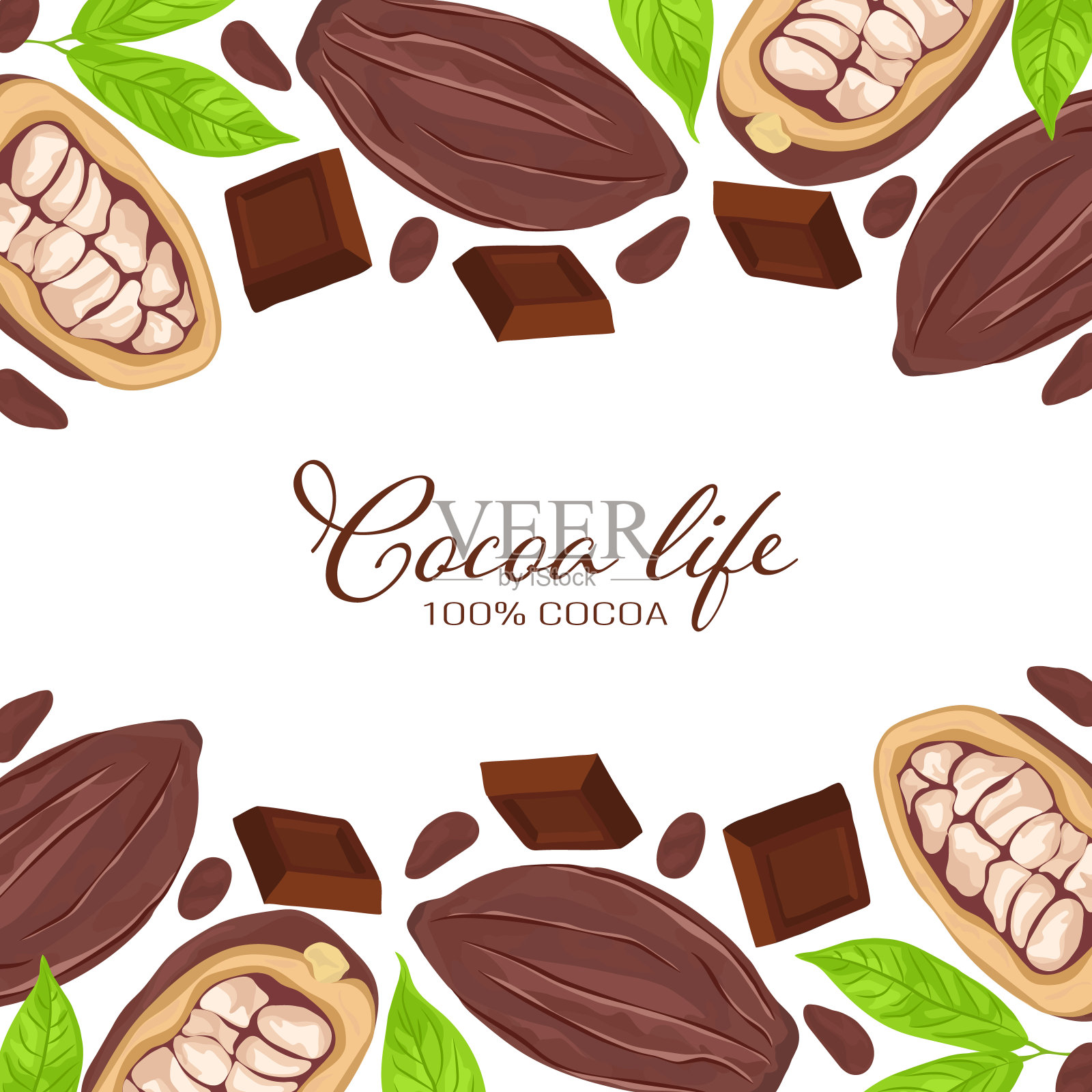 五颜六色的圆形框架的背景是可可豆，豆荚，树叶和巧克力块。矢量插图。插画图片素材