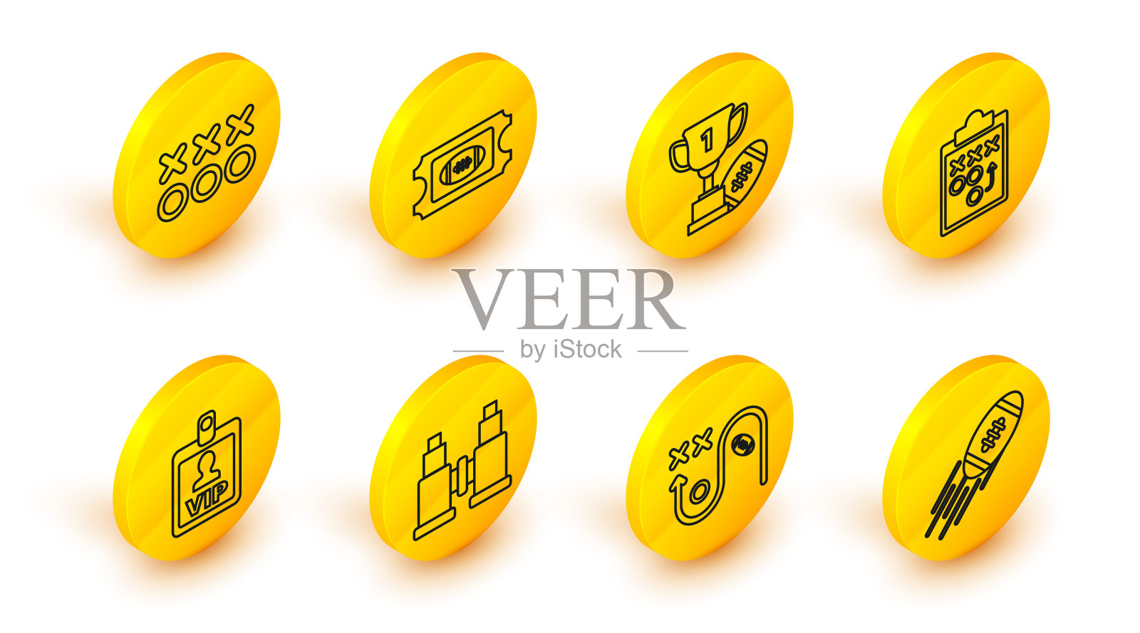 集美式足球、策划策略概念、望远镜、贵宾徽章、奖杯及足球、球票及图标。向量图标素材