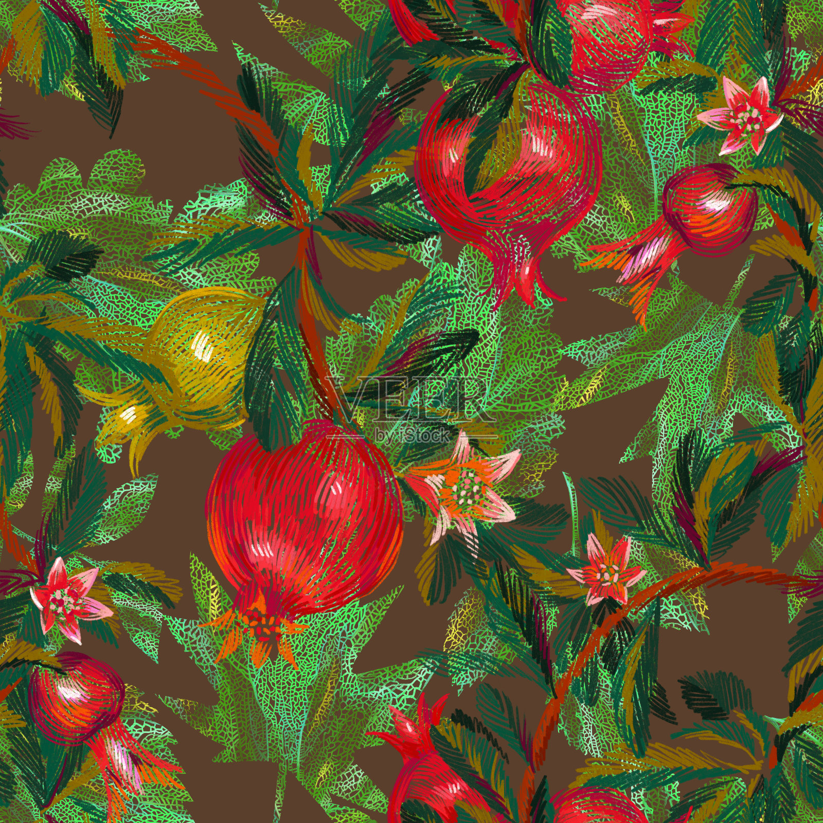 树枝上挂着奇异的水果。时尚无缝花纹搭配石榴。插画图片素材
