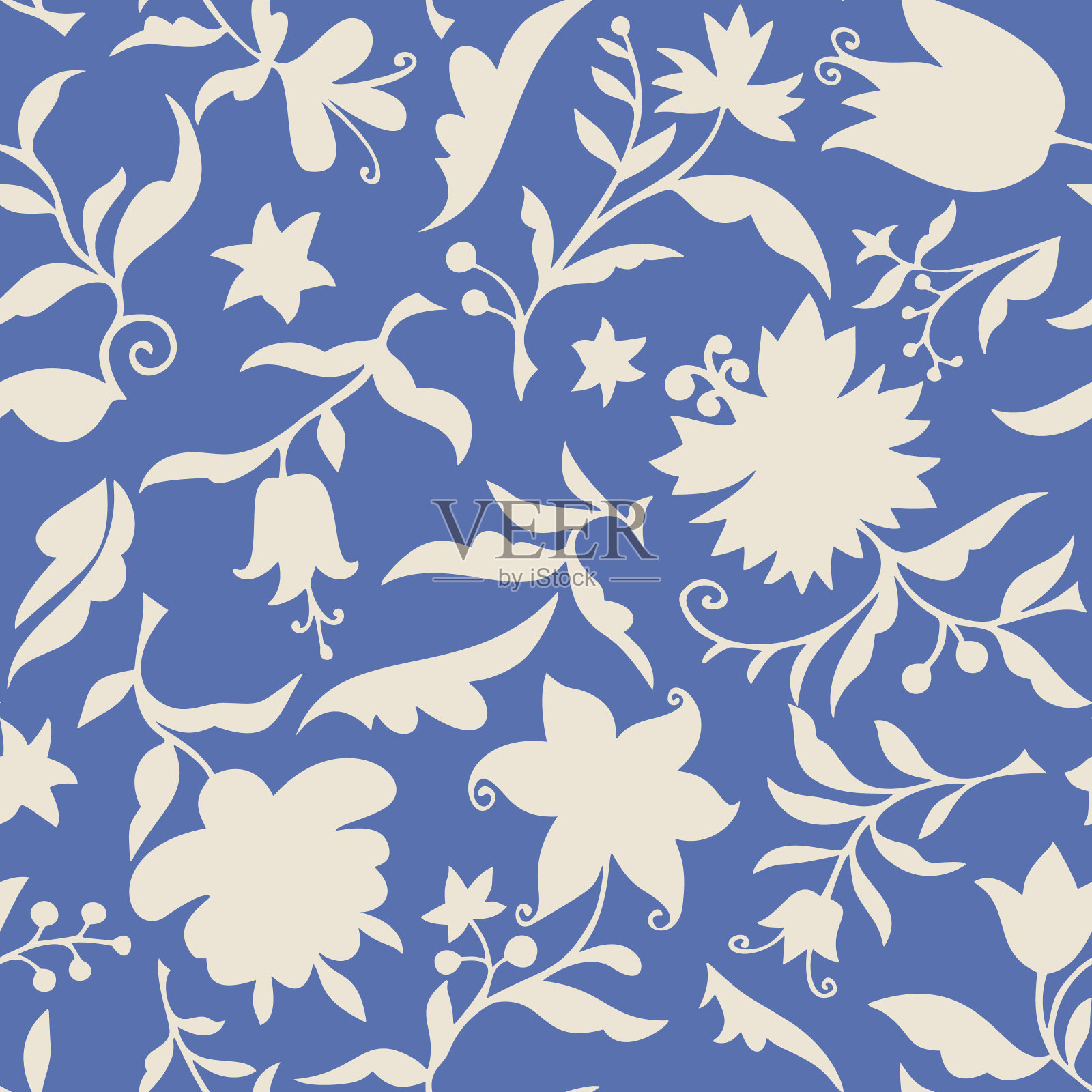 纯植物的画。复古风格的花朵和植物剪影。优雅无缝的植物图案由春天的花朵制成。纺织品，织物，墙纸，表面的自然装饰。插画图片素材