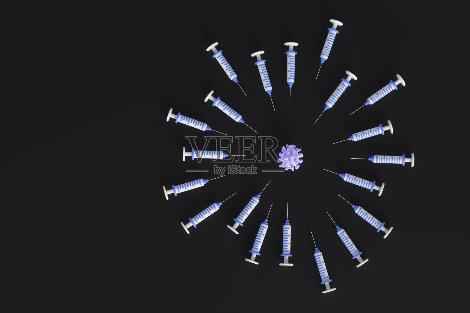 黑色背景上的冠状病毒模型周围的卡通注射器。冠状病毒疫苗接种的概念。3 d渲染插图。照片摄影图片