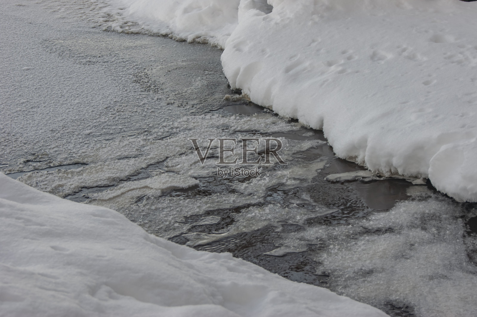 冬季森林中未结冰的河流。照片摄影图片