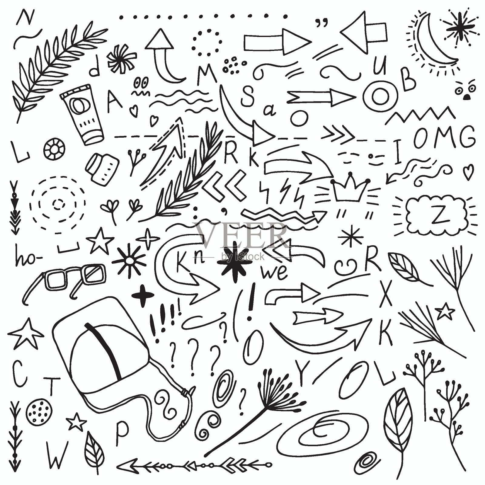 一套花卉涂鸦，箭，花，旅行的东西，吃，信件。向量插画图片素材