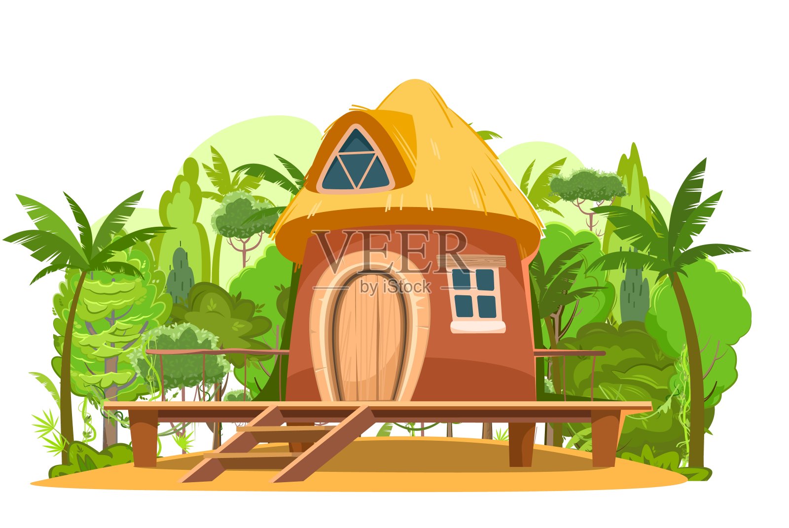 海滩平房。建筑物的外观。房子在自然界中。靠近丛林和棕榈树。由传统建筑材料制成。海滨沙滩上的小屋向量。插画图片素材