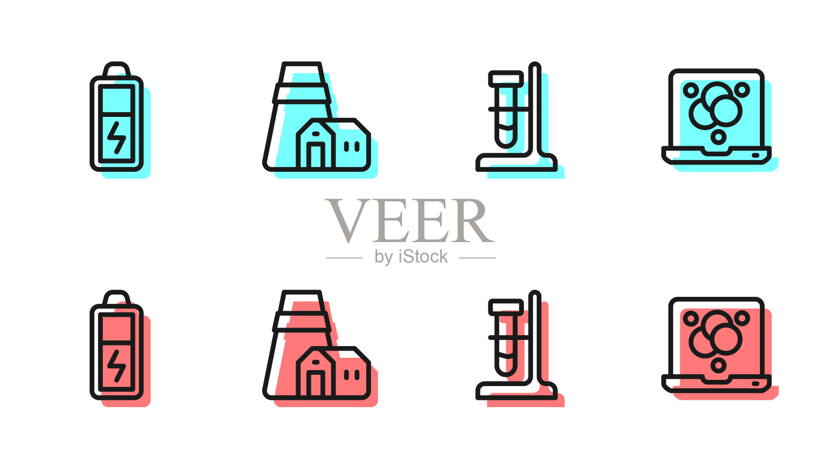 在机架上设置试管烧瓶，电池，电站和化学配方图标。向量图标素材