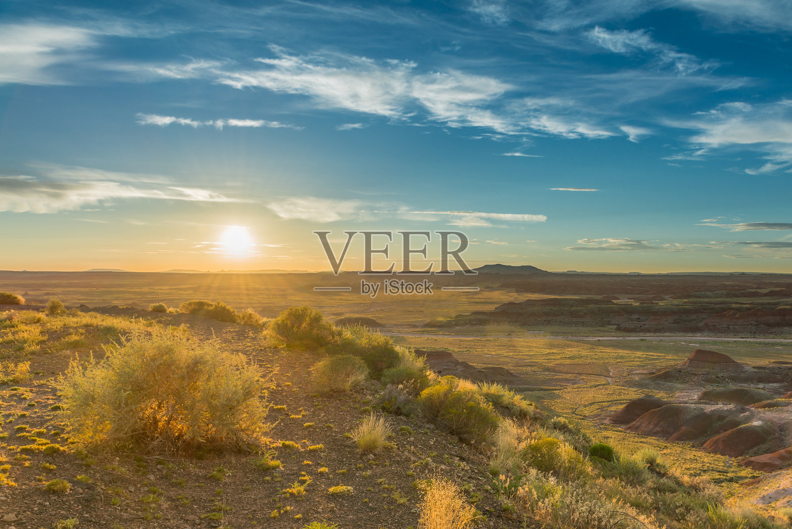 亚利桑那州石化森林国家公园Pintado Point的日落。照片摄影图片