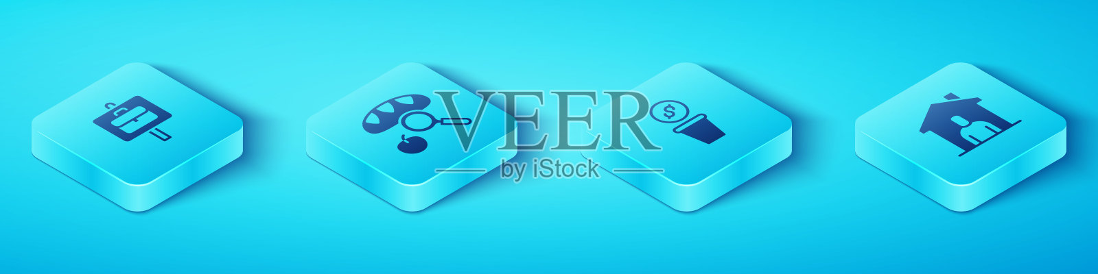 设置Isometric工作搜索，寻找食物，无家可归者收容所和捐款图标。向量插画图片素材