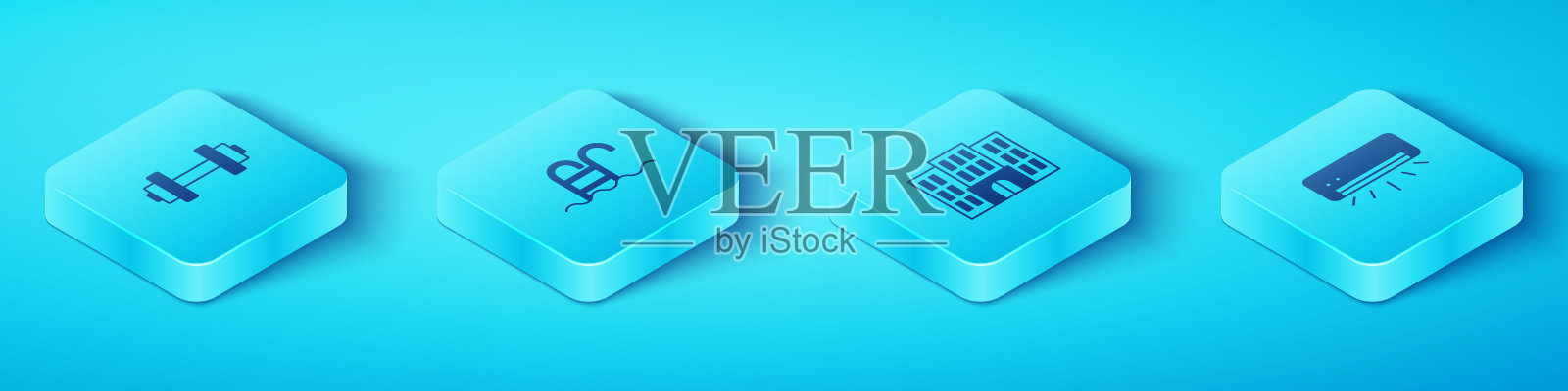 设置等距哑铃，游泳池，空调和酒店建筑图标。向量插画图片素材