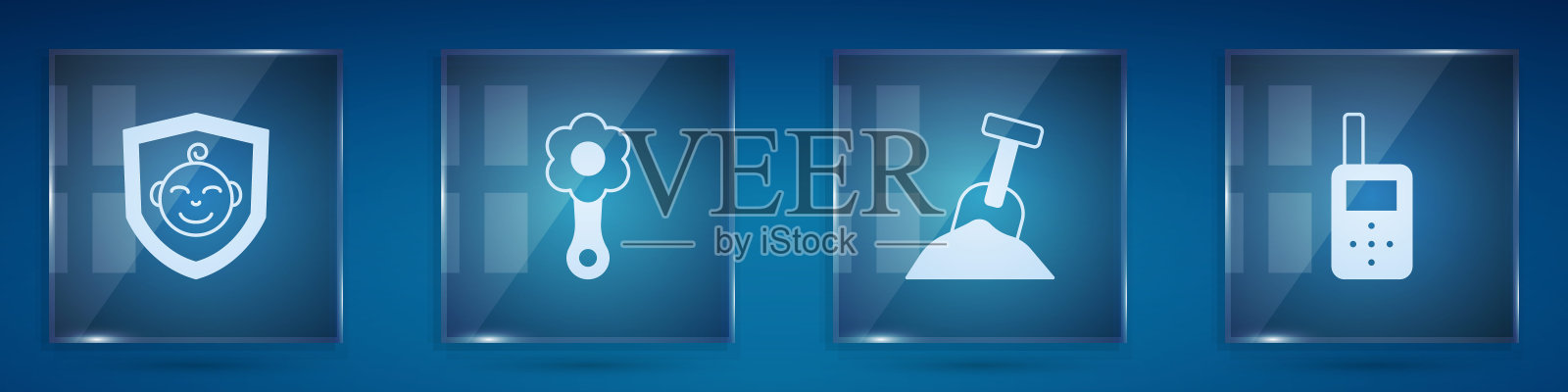 设置婴儿的盾牌，拨浪鼓婴儿玩具，沙箱与沙和铲子和监视器对讲机。方形玻璃面板。向量插画图片素材