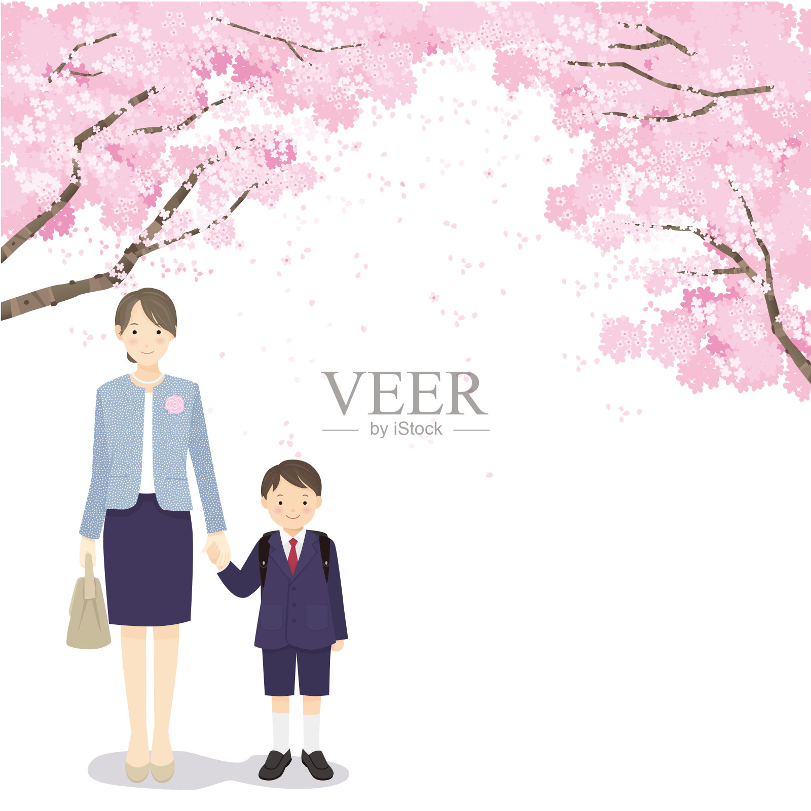 一位母亲和一个一年级男孩手牵手站在一棵樱桃树下插画图片素材