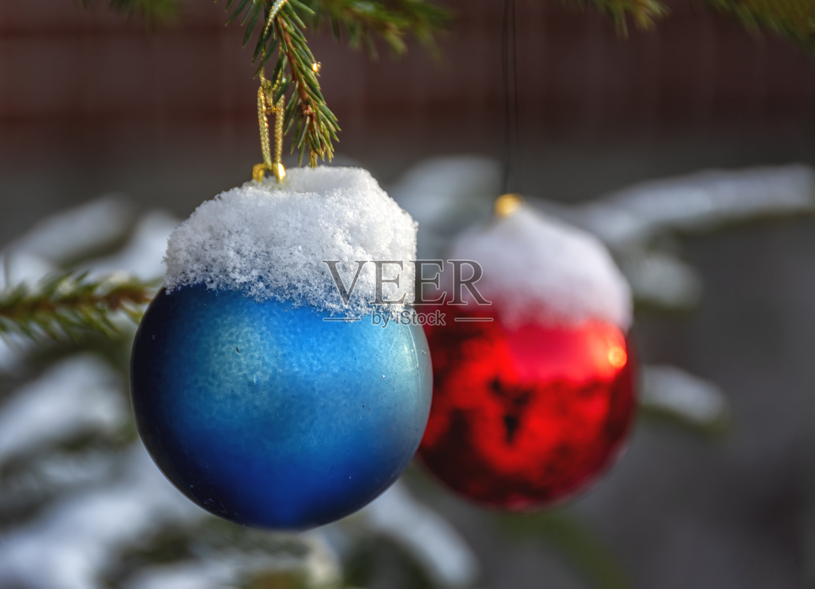 在公寓大楼附近的城市里，圣诞树上挂着圣诞球。照片摄影图片