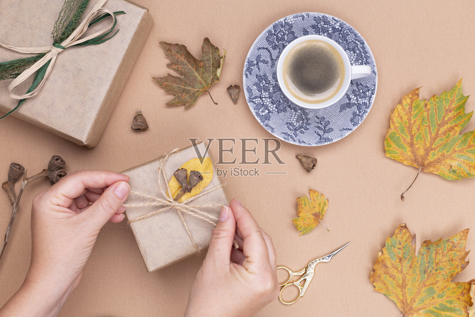 米色桌子上，一杯咖啡和干燥的秋天枫叶旁边，女人们正用牛皮纸包装礼物。秋天的成分照片摄影图片