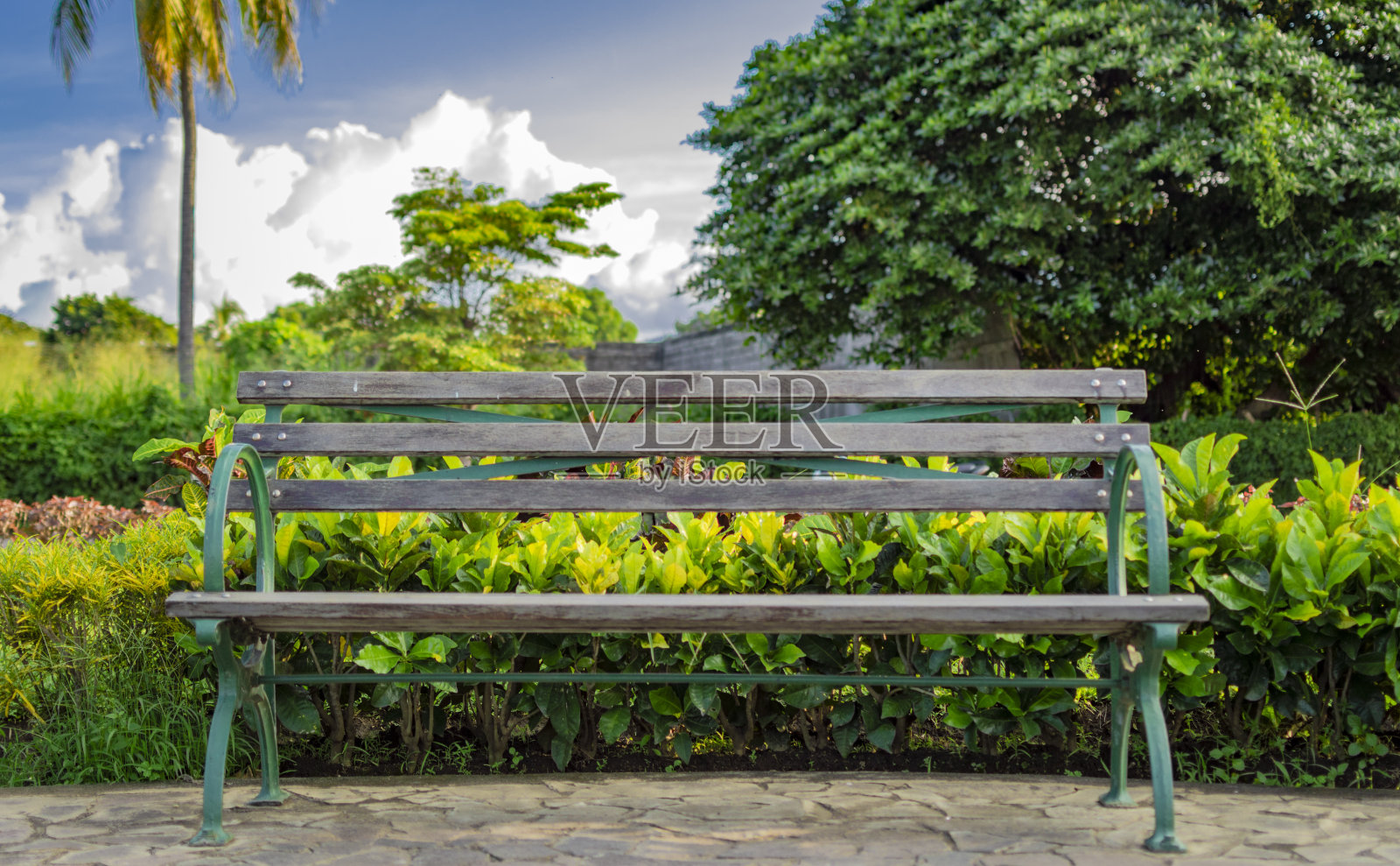 公园里寂寞的长椅，蓝天公园里的木凳，花园里的木凳照片摄影图片