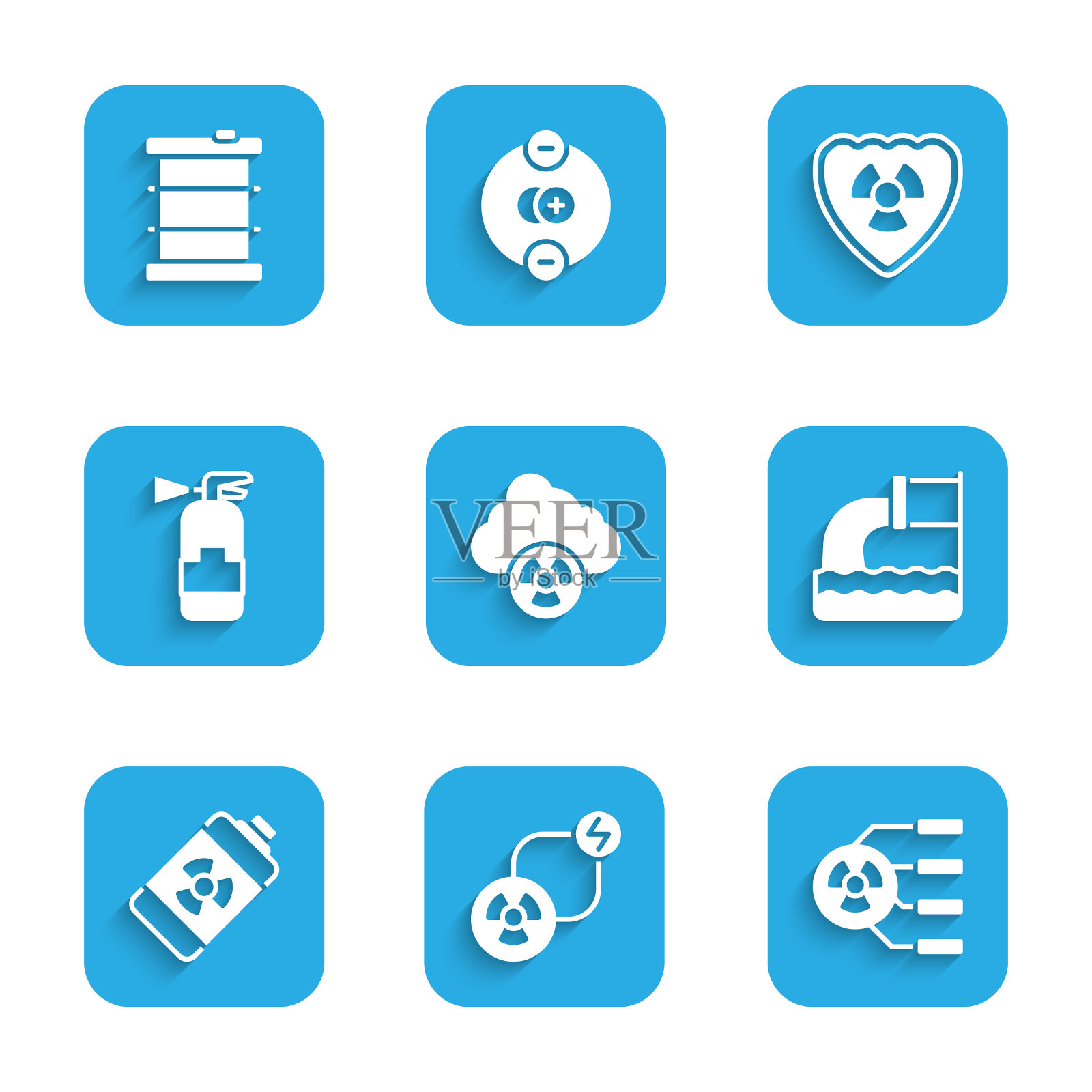 设置酸雨和放射性云，放射性交换能量，废水，核电池，灭火器，防护罩和废桶图标。向量图标素材