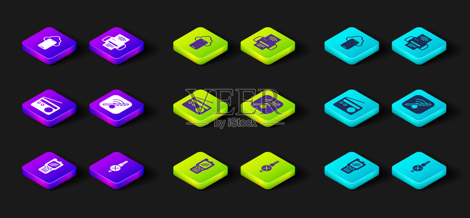 设置对讲机、无音频插口、无线收音机、Wi-Fi无线网络、智能打印机系统和云技术数据图标。向量图标素材