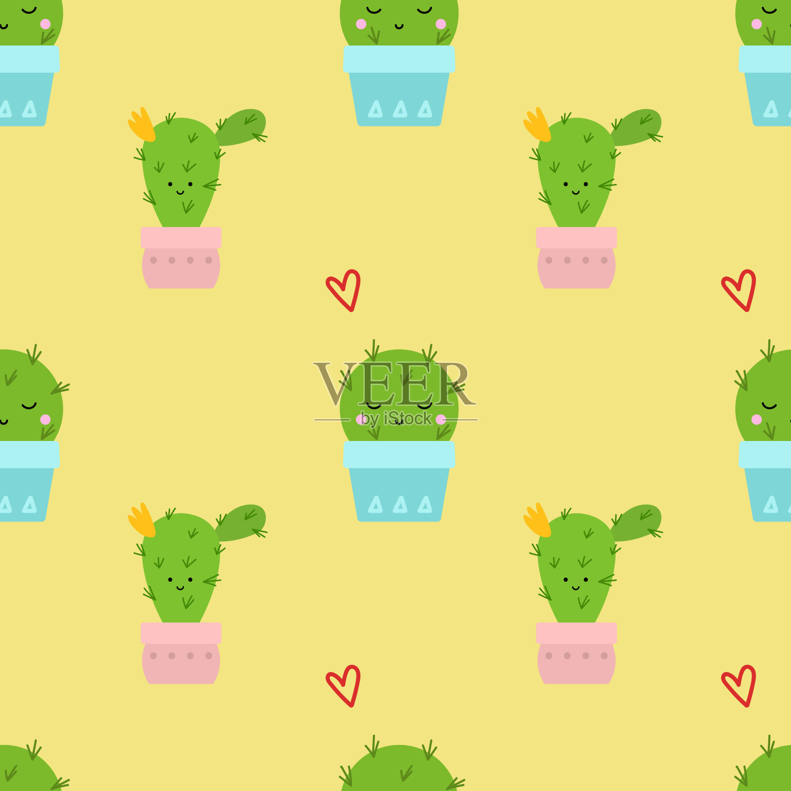 可爱的仙人掌扁平风格无缝图案。为设计，布，礼品纸，包装，织物的矢量插图背景。插画图片素材
