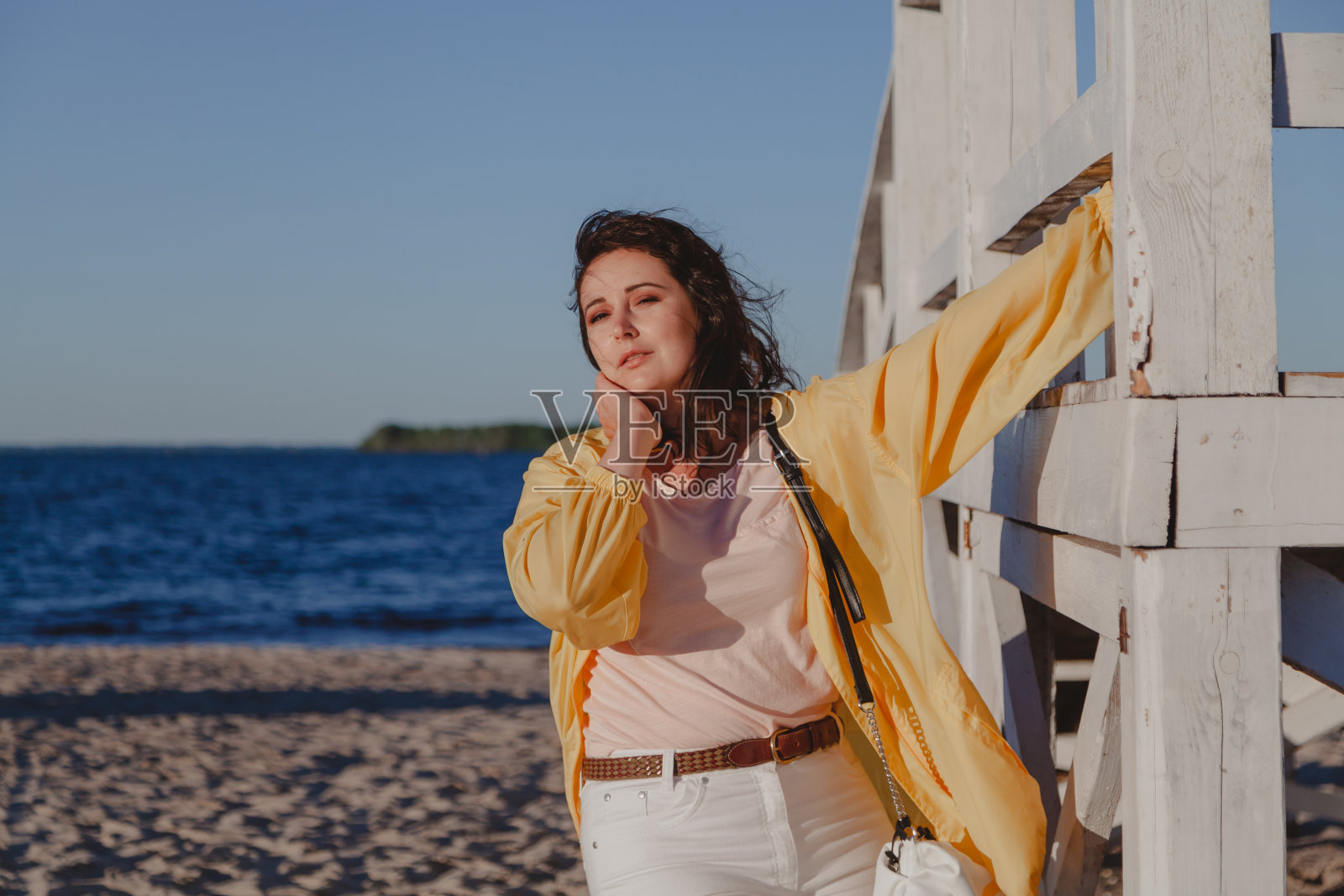 漂亮的大码女孩靠在木制结构在海滩上照片摄影图片