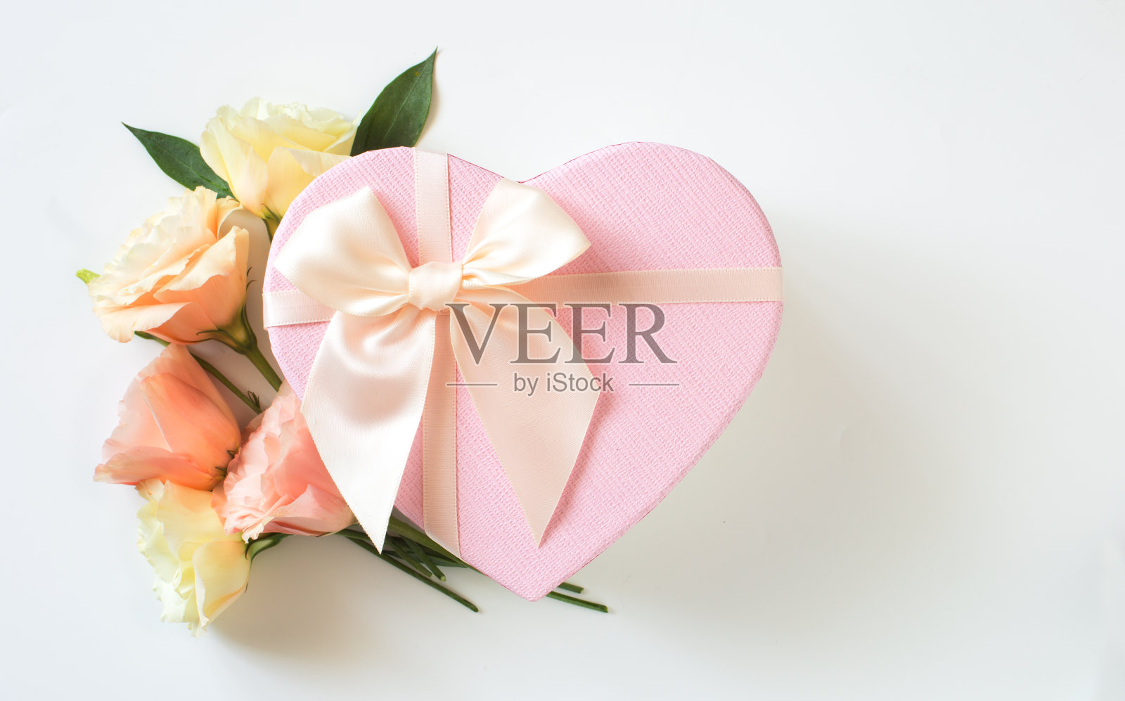 白色背景上有蝴蝶结和玫瑰的粉色礼盒照片摄影图片