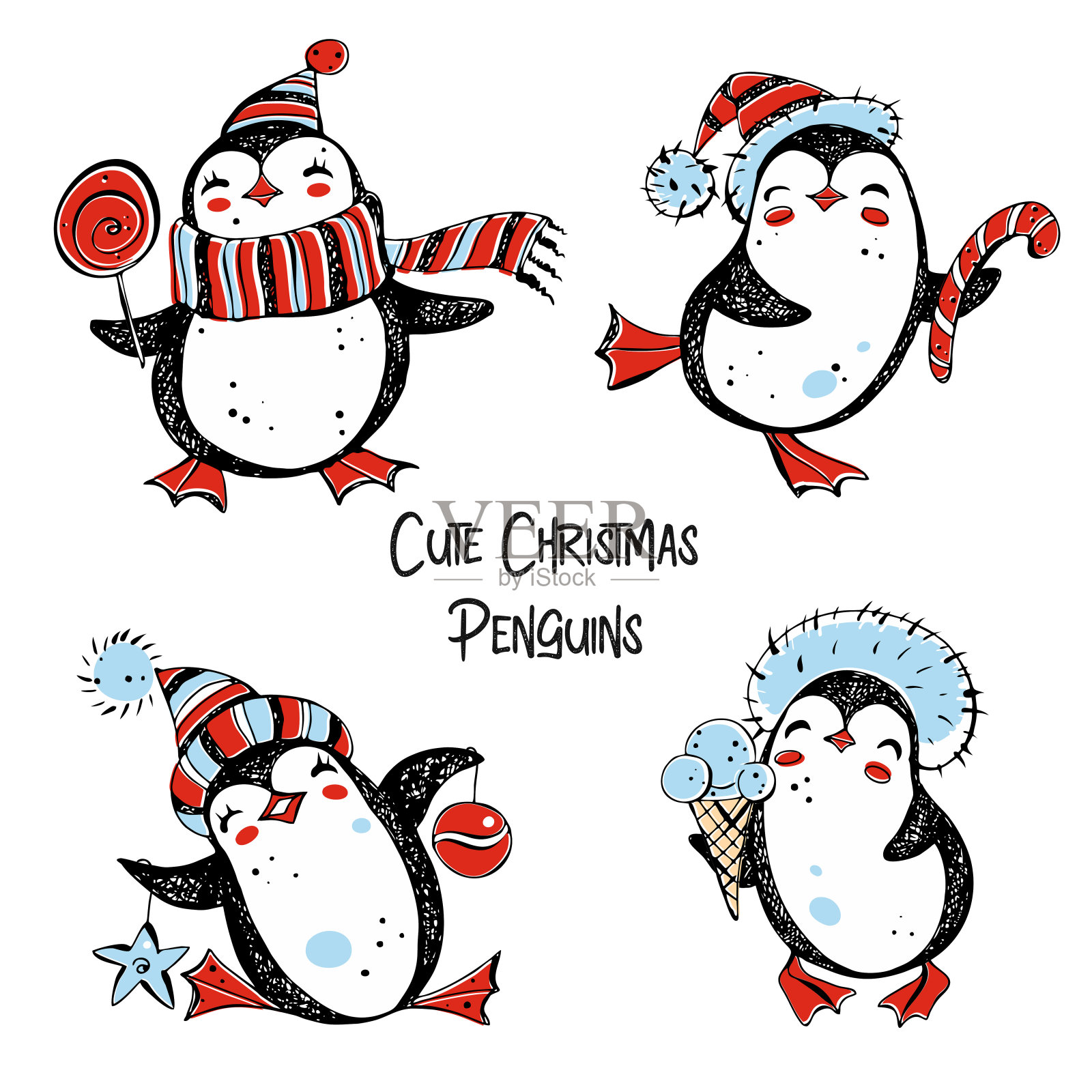 可爱的圣诞节企鹅。组2。图形。涂鸦。向量。插画图片素材