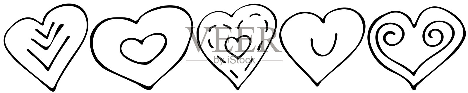 黑色和白色手绘的涂鸦心。插画图片素材