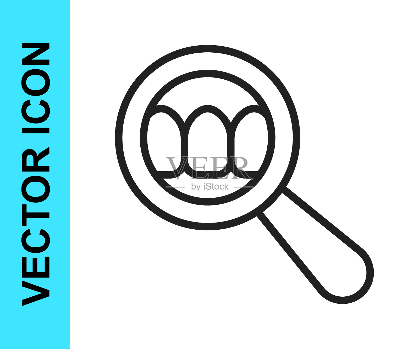 黑线牙科搜索图标孤立的白色背景。牙科诊所或牙科医疗中心的牙齿符号。向量图标素材