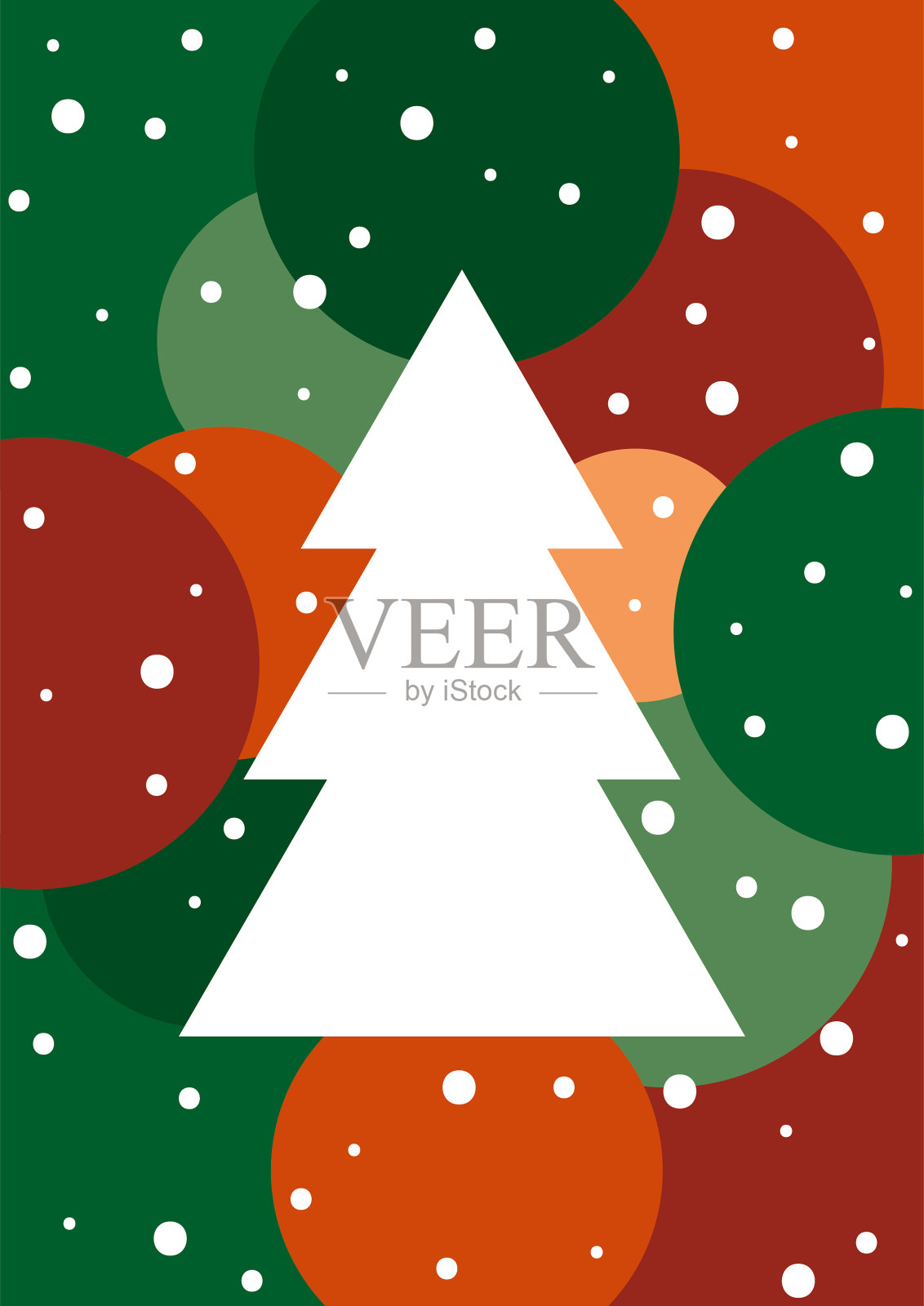 圣诞贺卡有一棵白色的圣诞树和几个圆圈在红色和绿色的色调背景和白色的雪理想的祝愿圣诞快乐插画图片素材