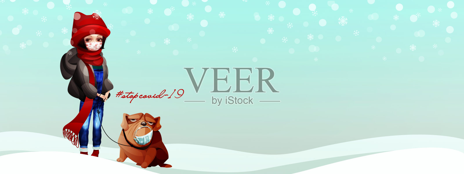 2022新年圣诞创意贺卡：戴防护面具的女孩和小狗插画图片素材